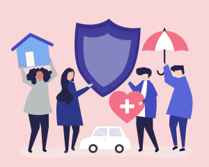 Gráfica conceptual de seguros integrales, con elementos como una casa, corazón, automóvil y paraguas, ideal para un seguro contra todo riesgo