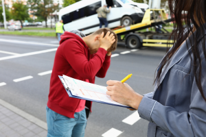 Hombre preocupado mientras una grúa se lleva su camioneta, resaltando la importancia de un seguro contra todo riesgo